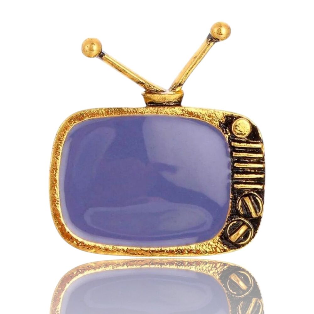 Retro Television TV Off Pin Goldtone Enamel Front Screen 80s Antenna Scarf & Tie